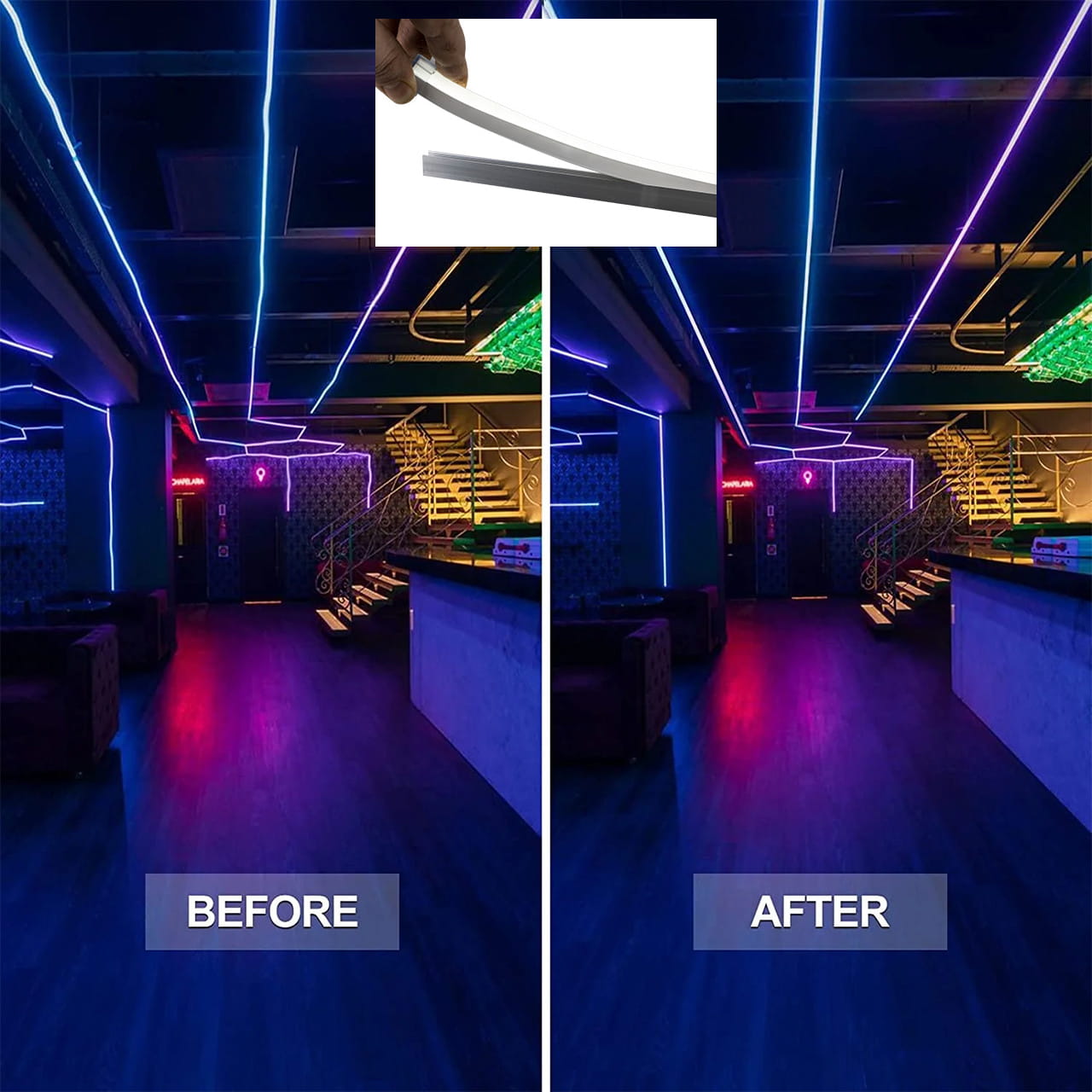 120V LED RGB Neon Strip Light Mounting Track Before & After