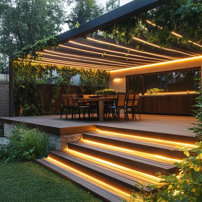 Backyard with LED neon and rope lighting