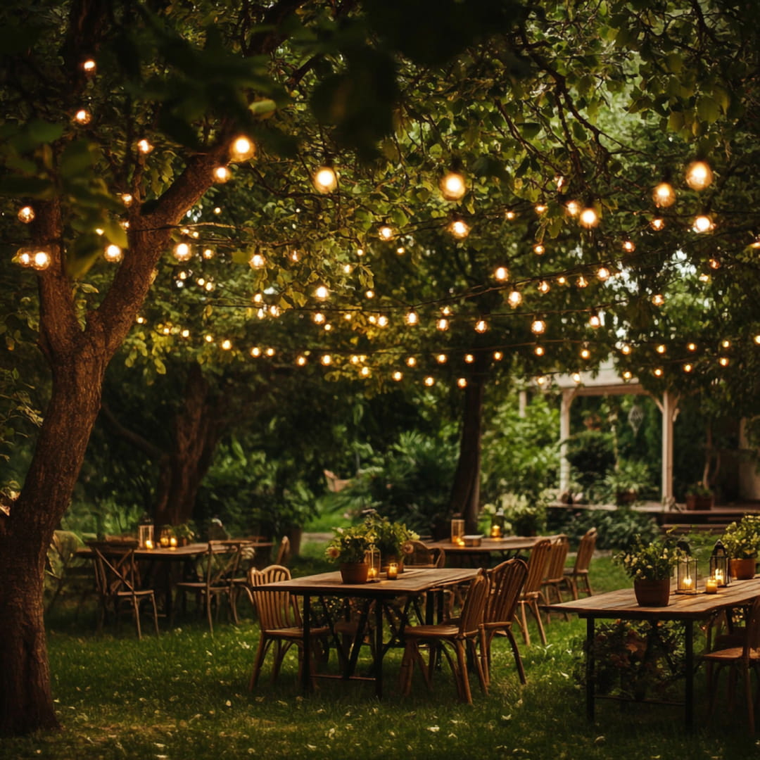 Bistro Lights Draped Through Tree Canopy
