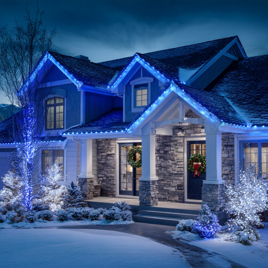 Blue Rope Lighting on Christmas Exterior