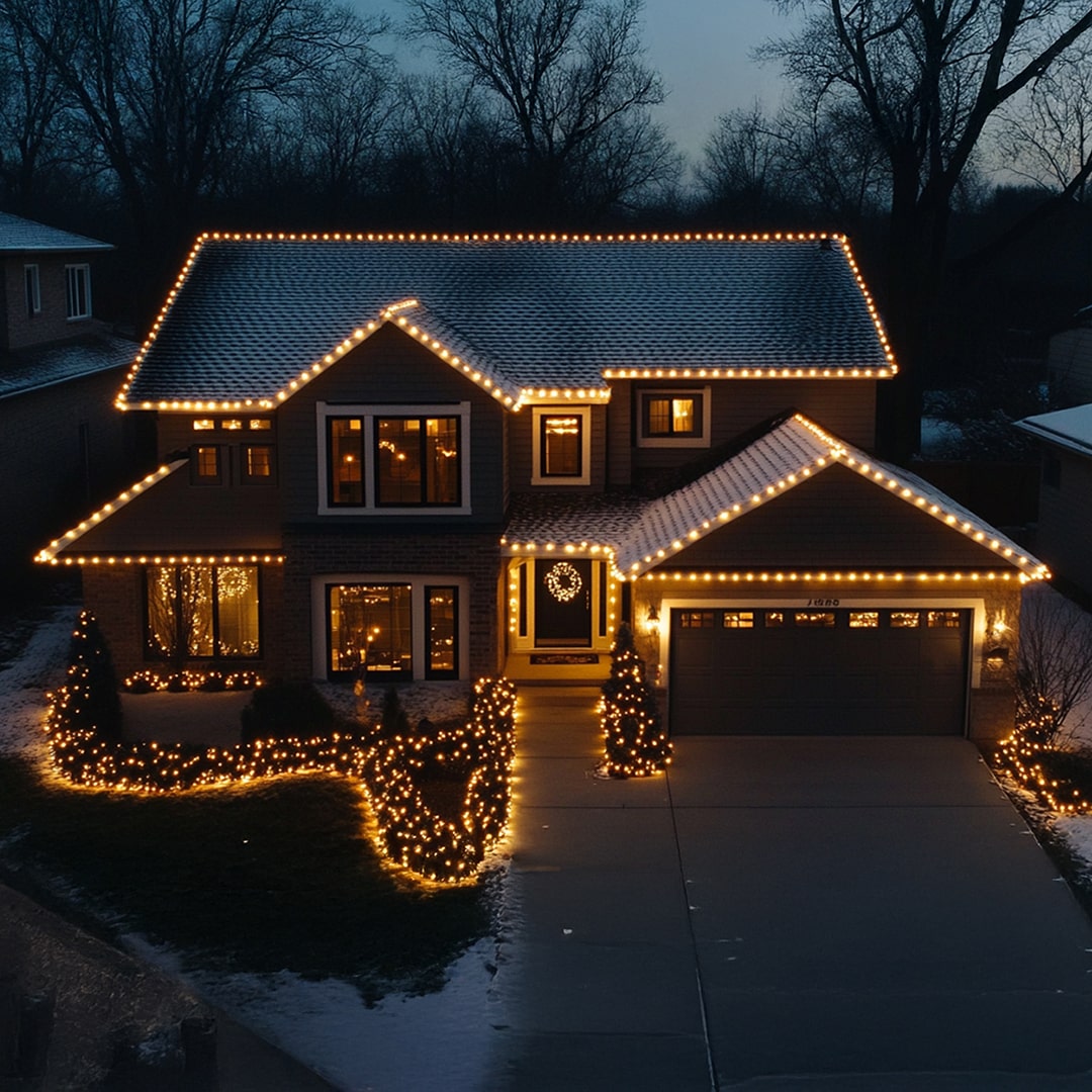 Christmas Home with Rooftop Ridge Lights