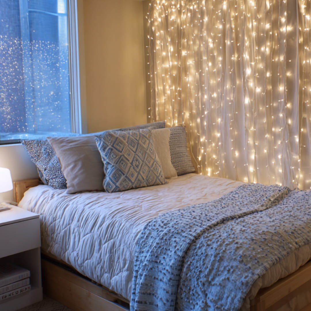 LED Curtain Lights on Dorm Room Wall