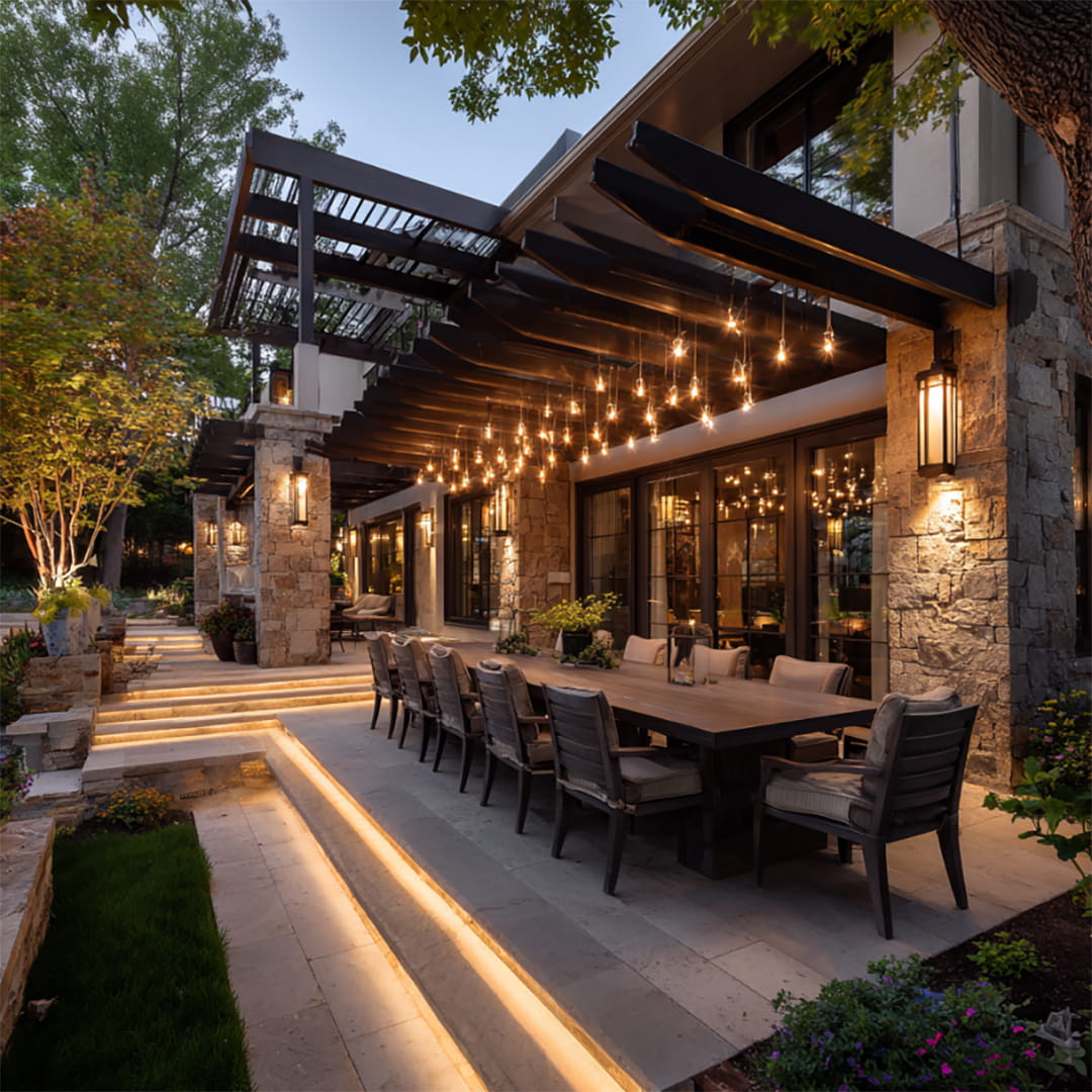 Woven Bistro Lights Through Pergola Slats