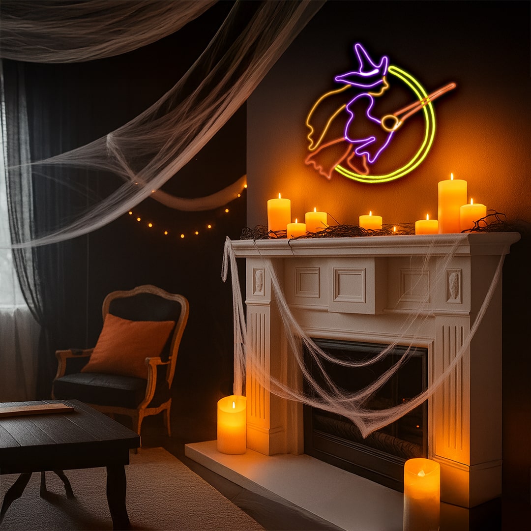 Halloween Mantle with Neon Witch LED Sign