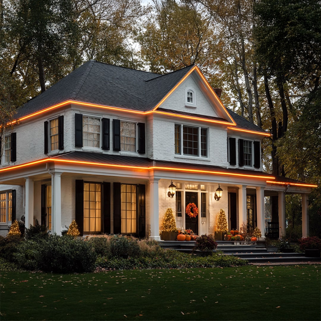 Home Exterior with RGB Neon Rope Lights on roofline