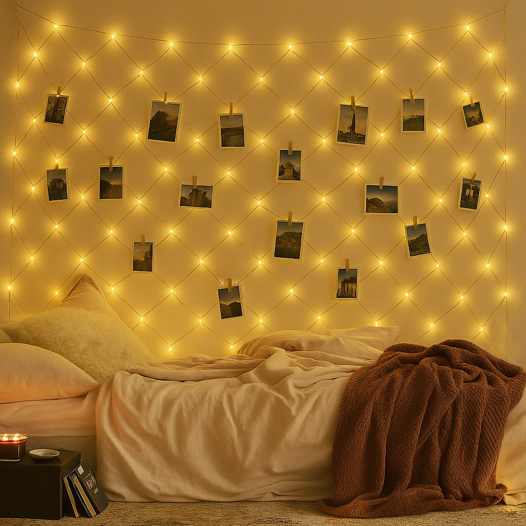 LED Net Lights on Dorm Room Wall