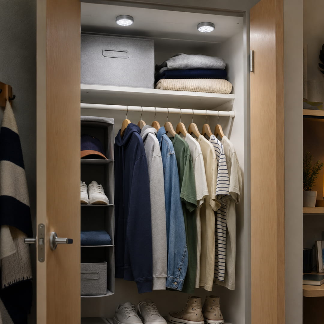 Battery Operated Puck Lights in Closet