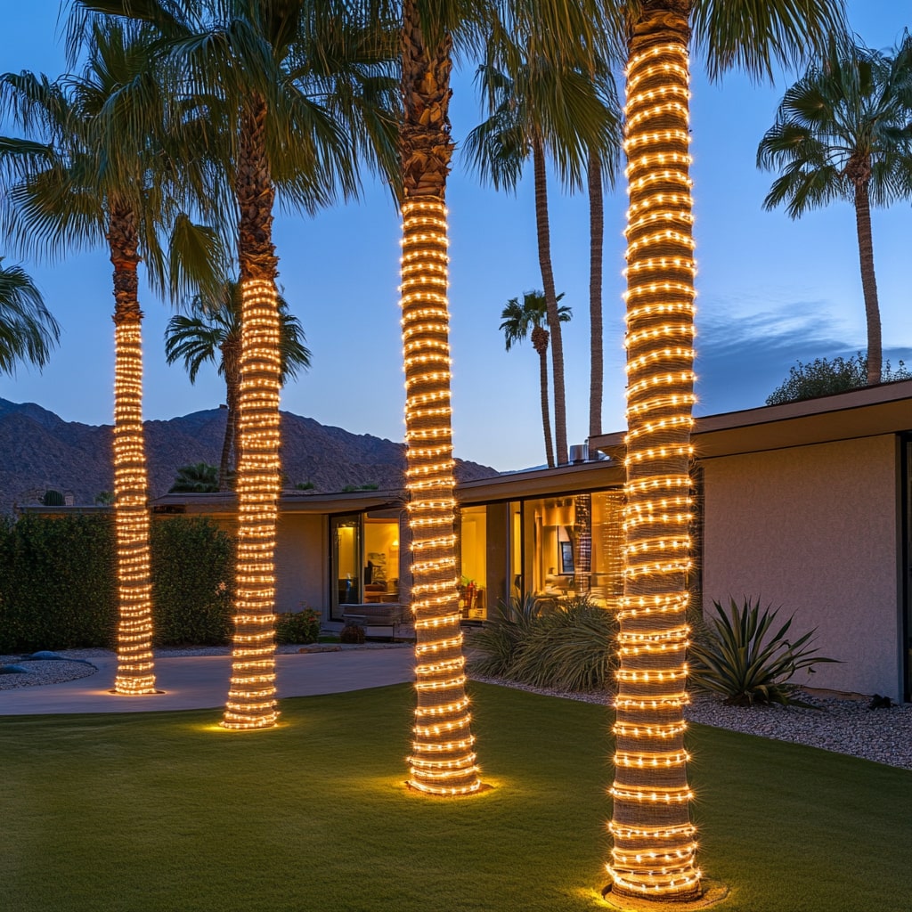 LED rope lights on palm trees
