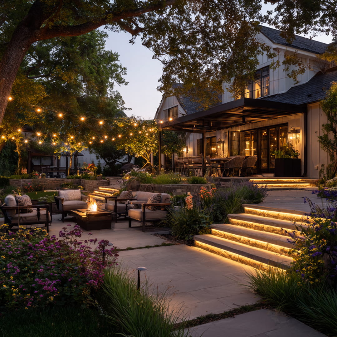 Fan Pattern Bistro String Lights from House to Yard