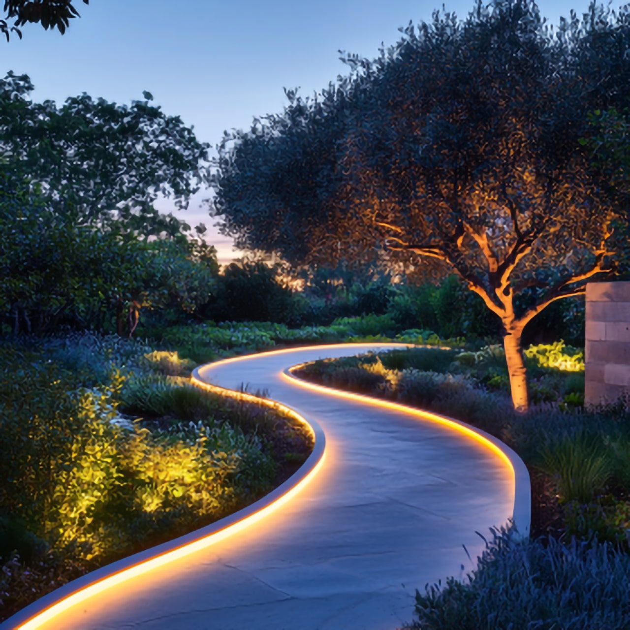 Outdoor strip lighting along pathway