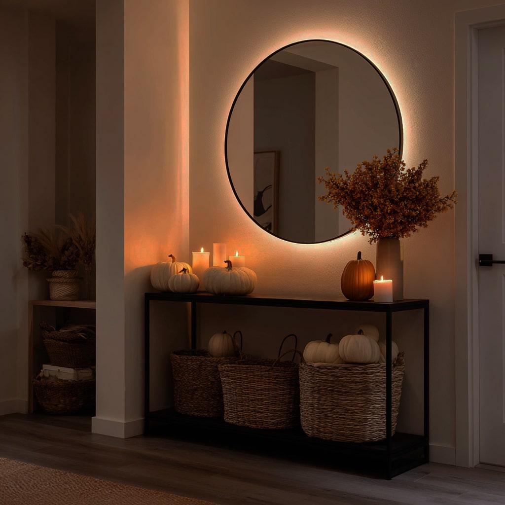 Warm White Strip Lights behind a hallway mirror