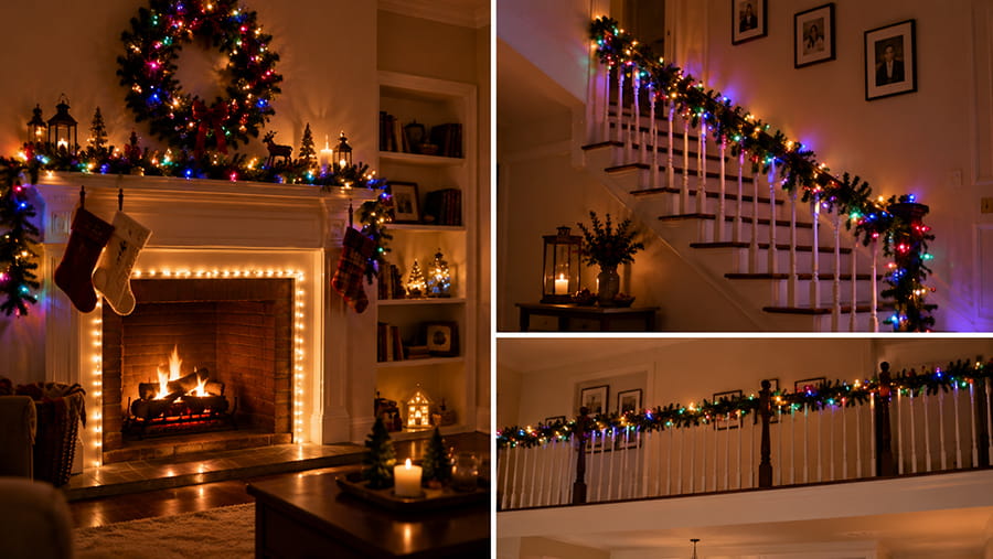 Christmas Lights on Mantels, Staircases, and Railings