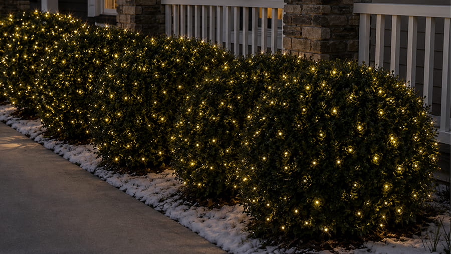 Christmas Lights on Trees, Pillars, and Shrubs