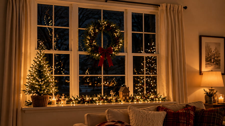 Christmas Lights on Windows, Shelves, and Cabinets