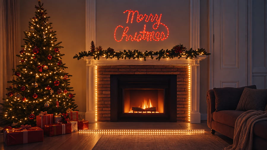 Merry Christmas Sign Above Fireplace