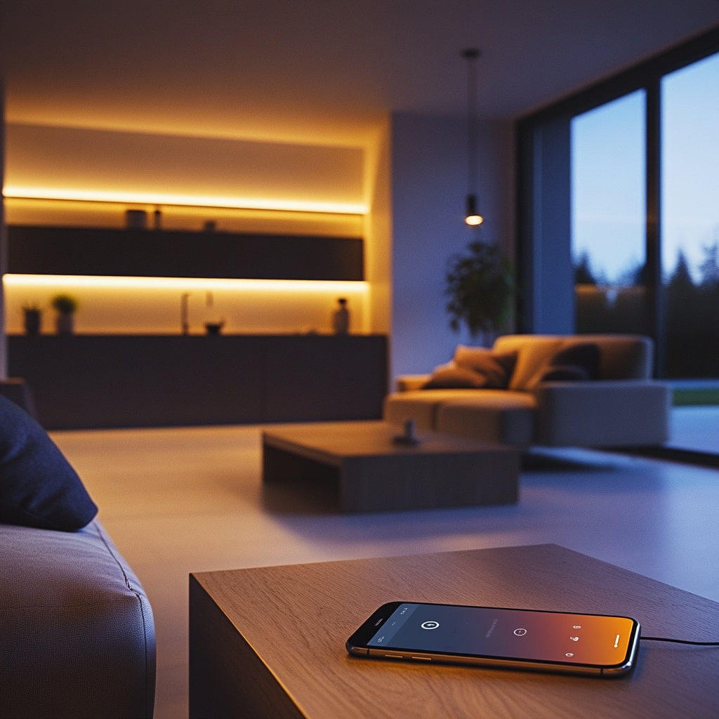 Modern living room featuring LED strip lights with smart control options