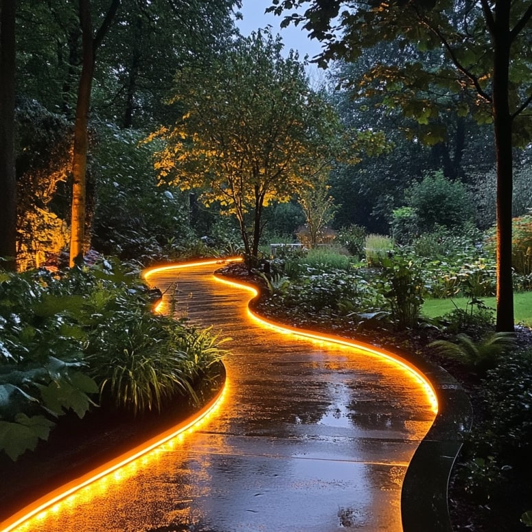 Rope LED lights illuminating the sides of a curvy outdoor path, enhancing the walkway with soft lighting.